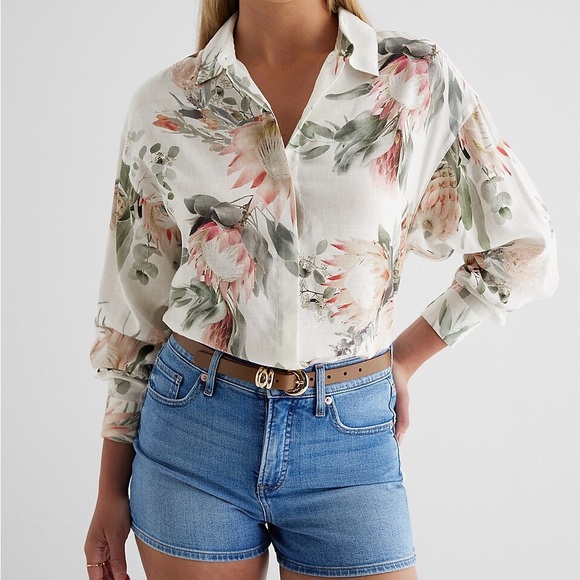 Express Linen-Blend Floral Boyfriend Portofino Shirt women - Picture 2 of 10